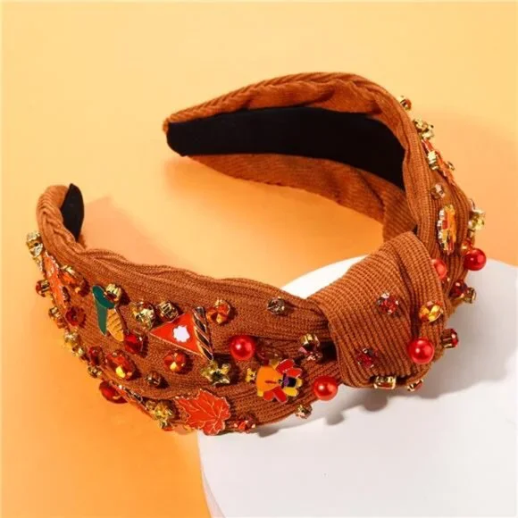 Sparkle & Shine Thanksgiving Headband - Beaded Turkey & Leaf Knotted Hair Access - Picture 3 of 7